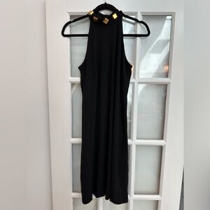 Vintage Boston Proper Black High Neck Midi Cocktail Dress Gold Stones Size 6 S